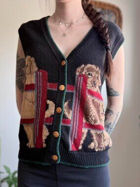 Vintage 1990s puppies on a fence button up knit vest